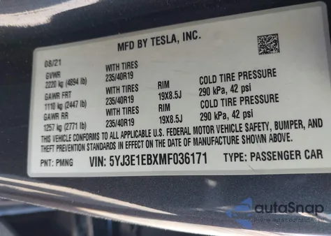 2021 Tesla Model 3 Long Range Dual Motor All-Wheel Drive from USA, damaged, VIN 5YJ3E1EBXMF036171